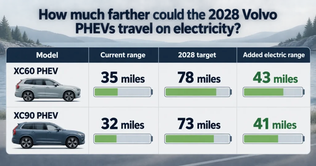 Electric-range comparison between current and 2028 Volvo XC60 and XC90 plug-in hybrids