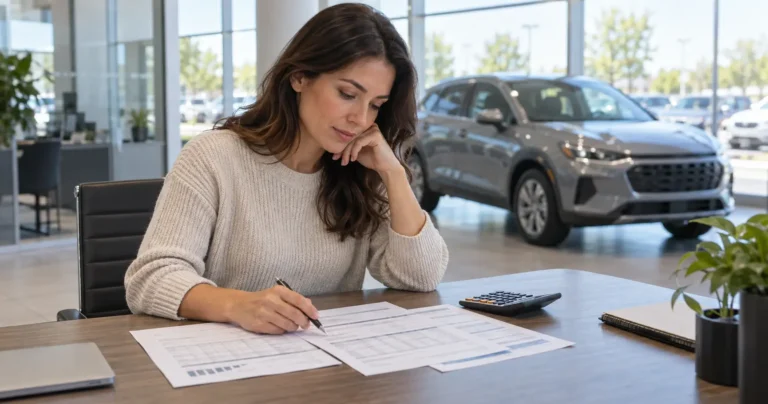 Car shopper comparing auto-loan costs and monthly payments at a dealership