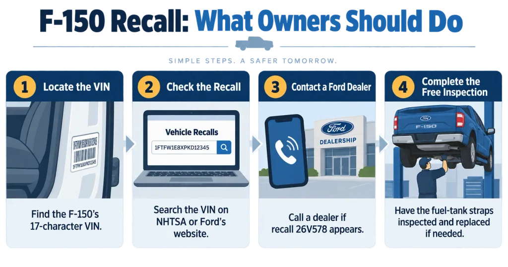 Steps for checking a Ford F-150 VIN and arranging the free fuel-tank strap recall inspection
